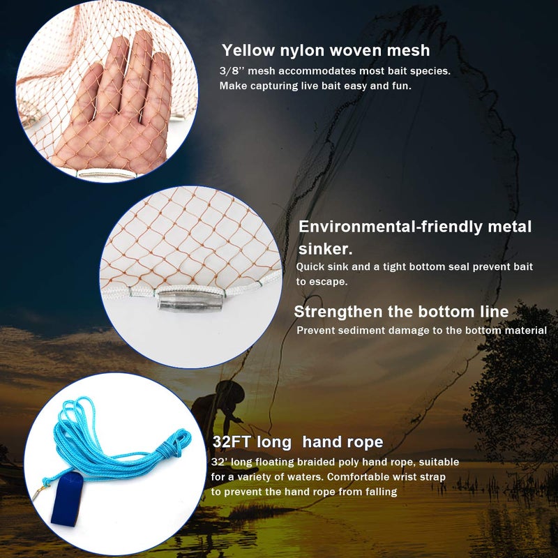 Drasry Saltwater American Fishing Cast Net 3/8inch Mesh Size for Bait Shrimp Trap Fish Heavy Duty Sinkers Throw Net 3FT to 12FT Radius Tire Lines 4FT Radius - Image 3
