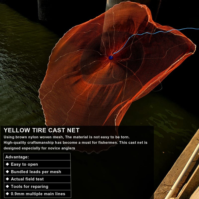 Drasry Saltwater American Fishing Cast Net 3/8inch Mesh Size for Bait Shrimp Trap Fish Heavy Duty Sinkers Throw Net 3FT to 12FT Radius Tire Lines 4FT Radius - Image 4