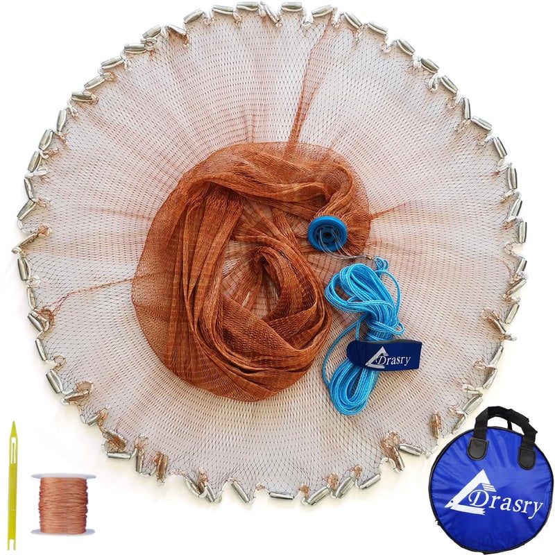 Drasry Saltwater American Fishing Cast Net 3/8inch Mesh Size for Bait Shrimp Trap Fish Heavy Duty Sinkers Throw Net 3FT to 12FT Radius Tire Lines 4FT Radius - Image 1