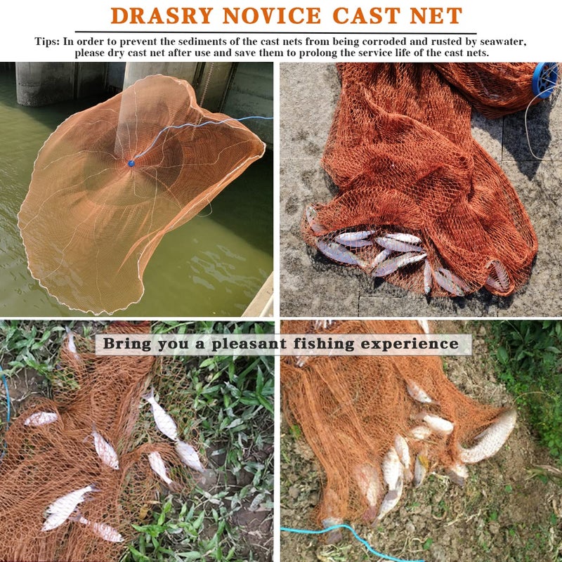 Drasry Saltwater American Fishing Cast Net 3/8inch Mesh Size for Bait Shrimp Trap Fish Heavy Duty Sinkers Throw Net 3FT to 12FT Radius Tire Lines 4FT Radius - Image 5