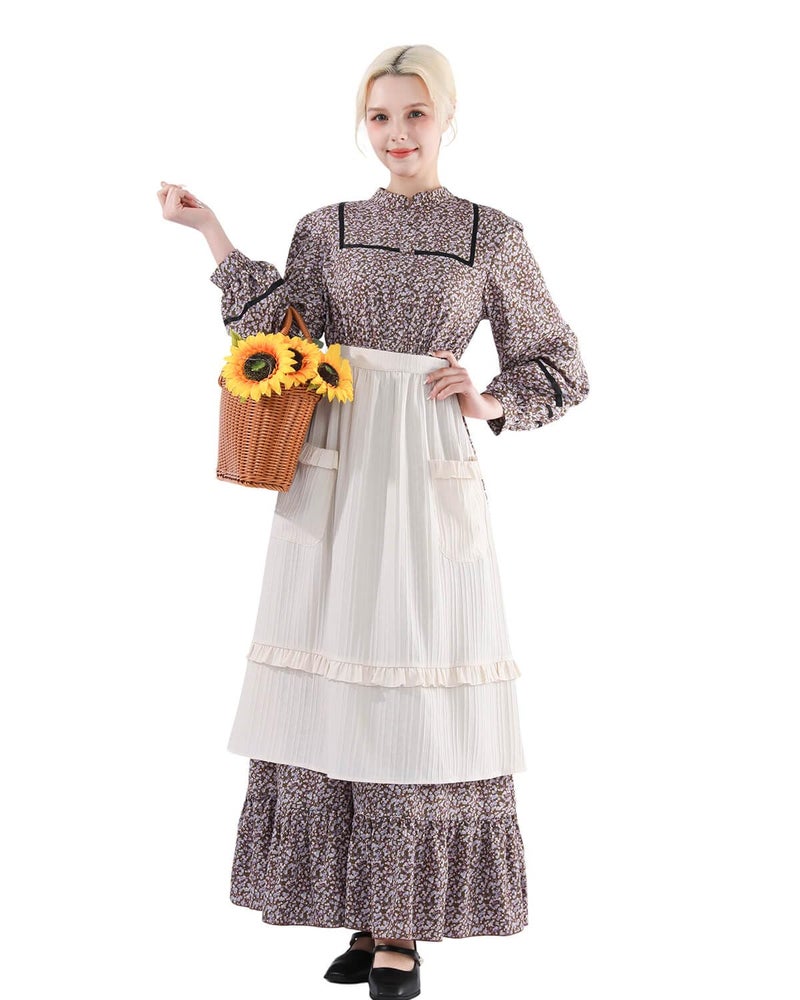 Nuoqi Prairie Dress Women Pioneer Dress Long Adult Colonial Costume with Apron Brown S - Image 2