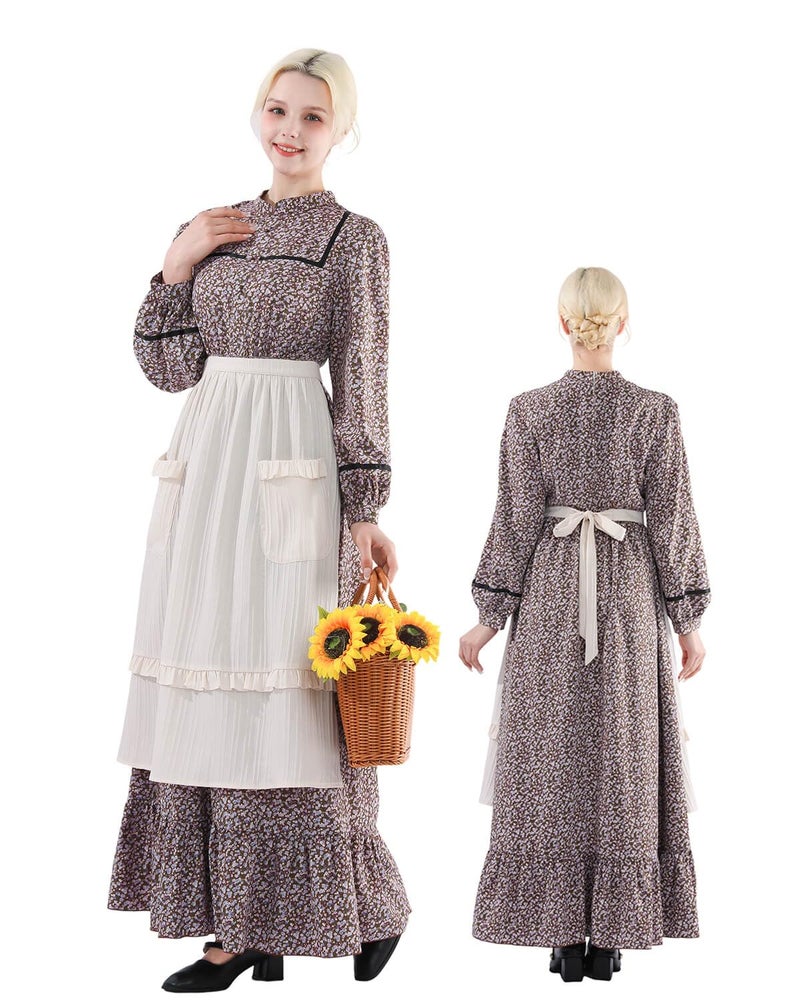 Nuoqi Prairie Dress Women Pioneer Dress Long Adult Colonial Costume with Apron Brown S - Image 3