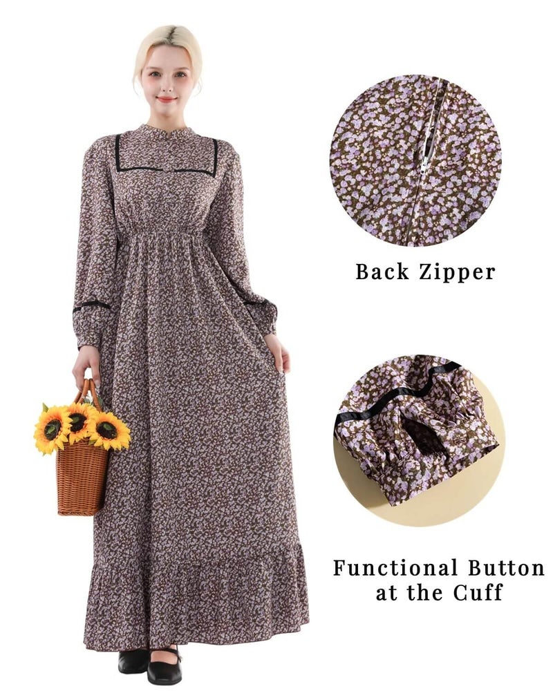 Nuoqi Prairie Dress Women Pioneer Dress Long Adult Colonial Costume with Apron Brown S - Image 4