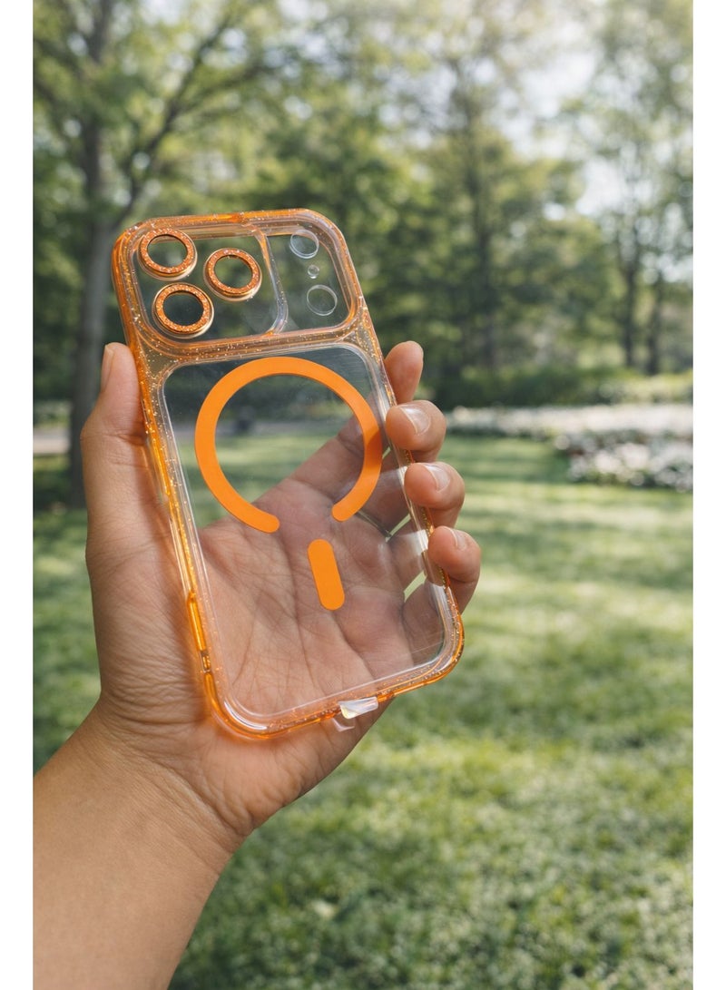جراب شفاف مغناطيسي بتصميم أنيق مع إطار برتقالي – غطاء حماية مقاوم للصدمات ومتوافق مع MagSafe للآيفون