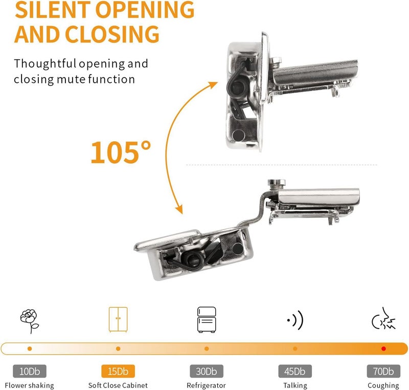 Chibery 2 Pack 1-1/4" 4D Overlay Soft Close Concealed Hinges for Face Frame Door, Control Closing Speed, Smooth Slow Self Close Hinges, Satin Nickel, 105° Open Angle Stainless Steel Cabinet Hinges - Image 4