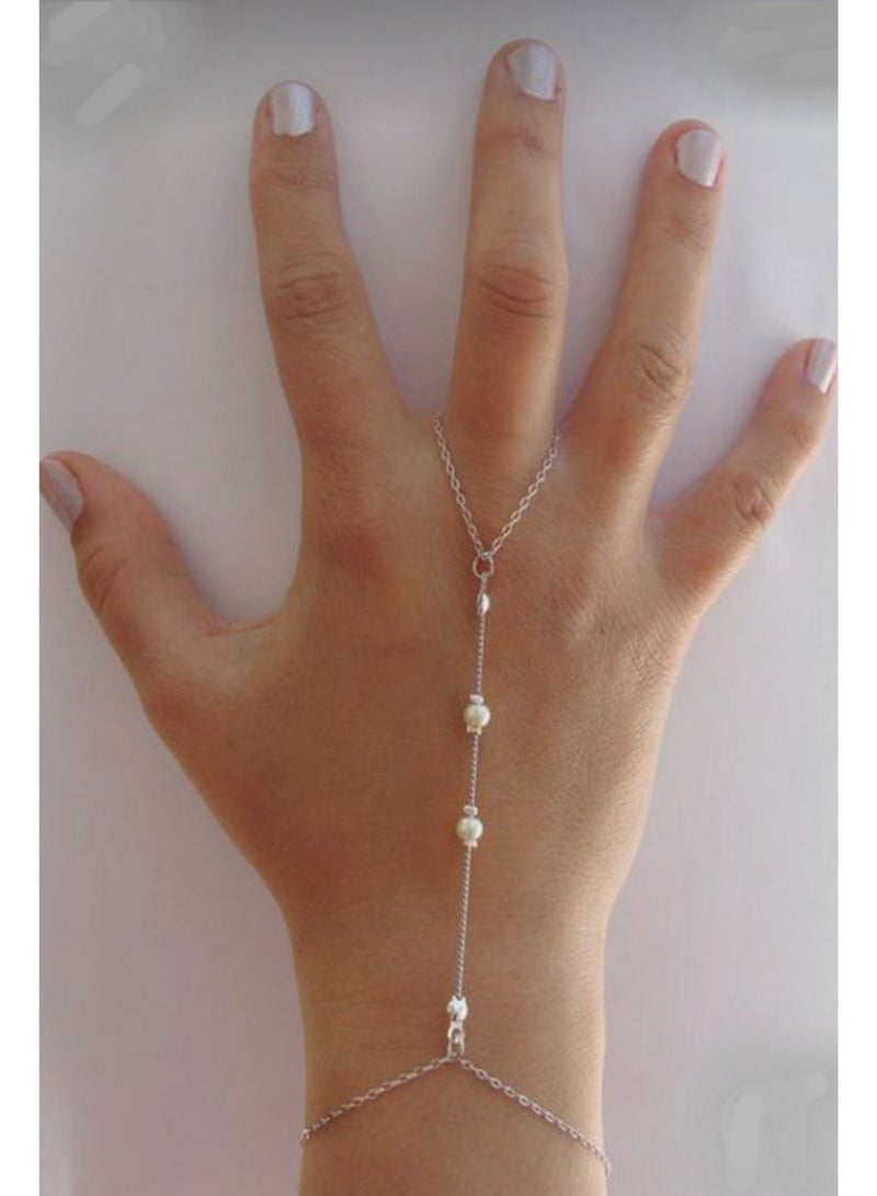 Women's Finger Bracelet Off-White Pearls with Silvery Chain