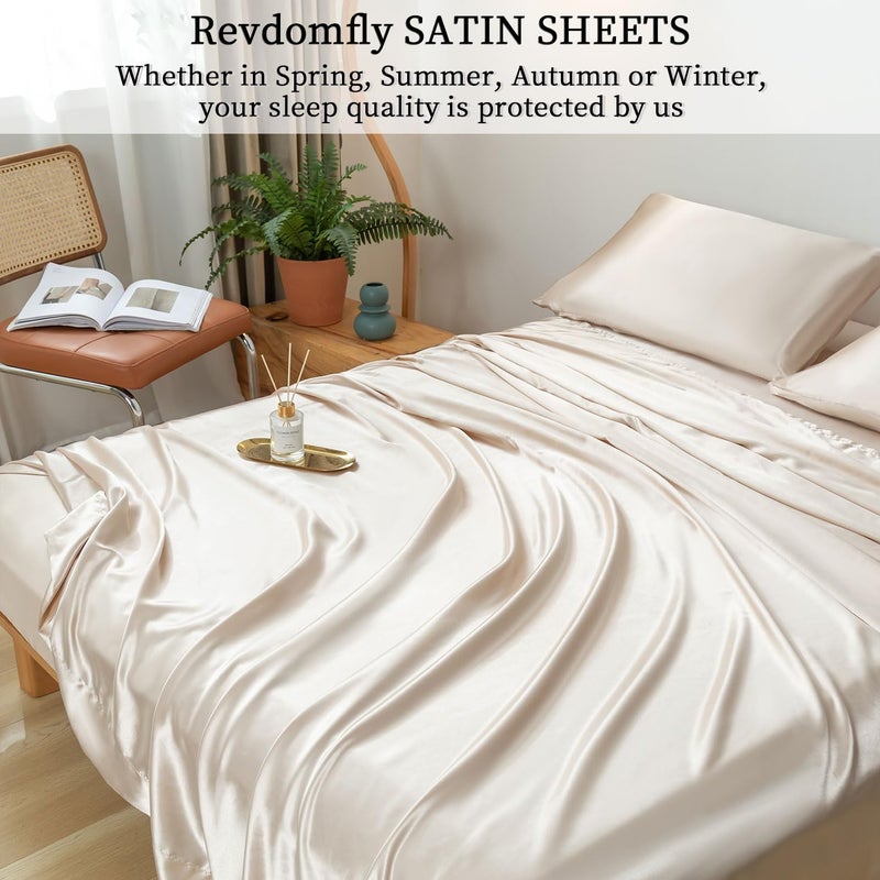 Revdomfly 4 Pcs King Size Luxury Silky Soft Gold Satin Sheet Set 1 Premium Moisture Wicking Fitted Sheet Fits Up to 16 Inches Deep Pocket + 1 Flat Sheet + 2 Pillowcases(Gold  King) - Image 2