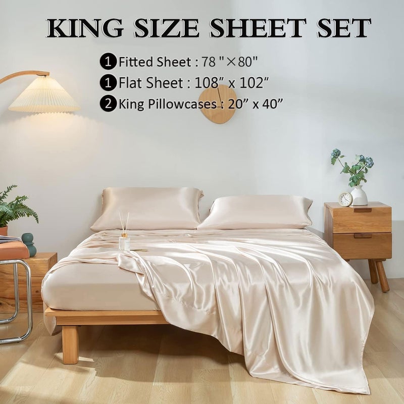 Revdomfly 4 Pcs King Size Luxury Silky Soft Gold Satin Sheet Set 1 Premium Moisture Wicking Fitted Sheet Fits Up to 16 Inches Deep Pocket + 1 Flat Sheet + 2 Pillowcases(Gold  King) - Image 3