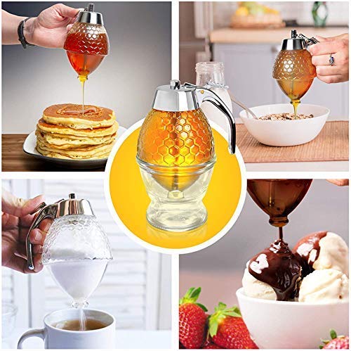 Orrda Honey Dispenser Pot Acrylic Syrup Dispenser No Drip with Stand Olive Oil Dispenser Bottle with Stainless Steel Cover for Kitchen Honey Containers Honey Jar for Kitchen 200ml_Clear - Image 5