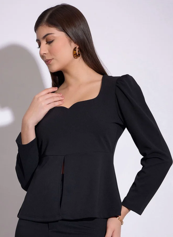 SASSAFRAS Black Sweetheart Neck Puff Sleeve Top for Women