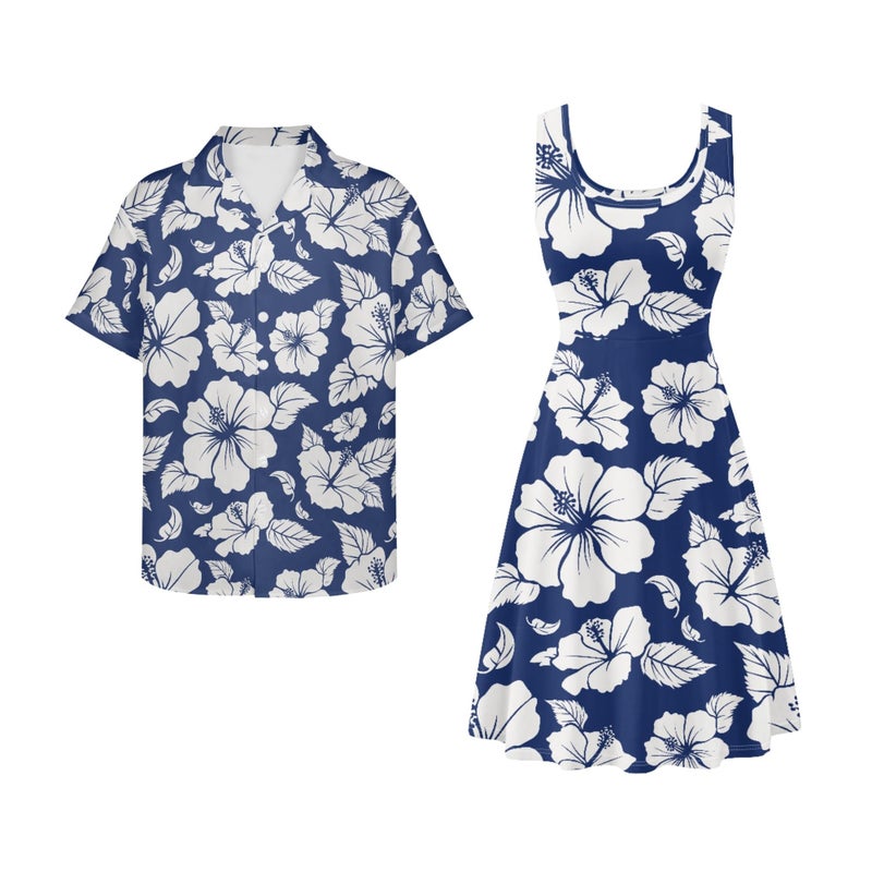JOAIFO Hibiscus Matching Couple Outfits - Blue Summer Dress Women's Sleeveless Floral Sundress & Men's Hawaiian Shirt Set - Breathable Cotton Summer Beach Vacation Couples Clothing, Size S - Image 5