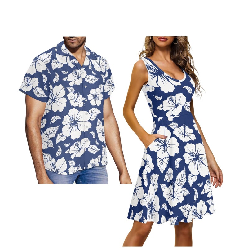 JOAIFO Hibiscus Matching Couple Outfits - Blue Summer Dress Women's Sleeveless Floral Sundress & Men's Hawaiian Shirt Set - Breathable Cotton Summer Beach Vacation Couples Clothing, Size S - Image 1
