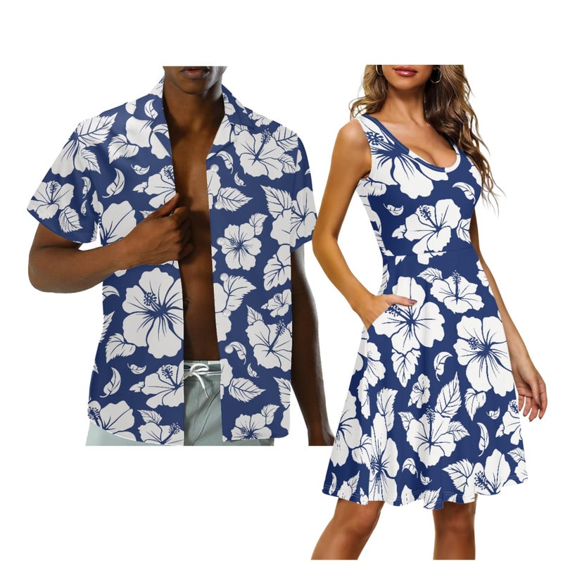 JOAIFO Hibiscus Matching Couple Outfits - Blue Summer Dress Women's Sleeveless Floral Sundress & Men's Hawaiian Shirt Set - Breathable Cotton Summer Beach Vacation Couples Clothing, Size S - Image 3