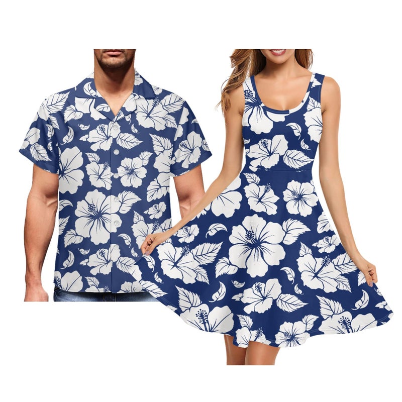 JOAIFO Hibiscus Matching Couple Outfits - Blue Summer Dress Women's Sleeveless Floral Sundress & Men's Hawaiian Shirt Set - Breathable Cotton Summer Beach Vacation Couples Clothing, Size S - Image 2