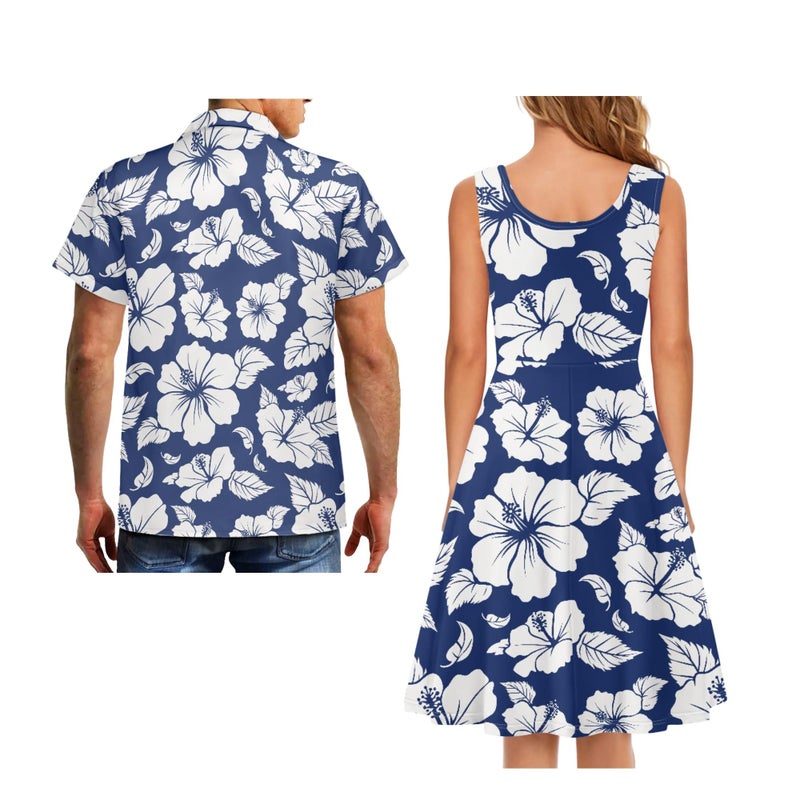JOAIFO Hibiscus Matching Couple Outfits - Blue Summer Dress Women's Sleeveless Floral Sundress & Men's Hawaiian Shirt Set - Breathable Cotton Summer Beach Vacation Couples Clothing, Size S - Image 4