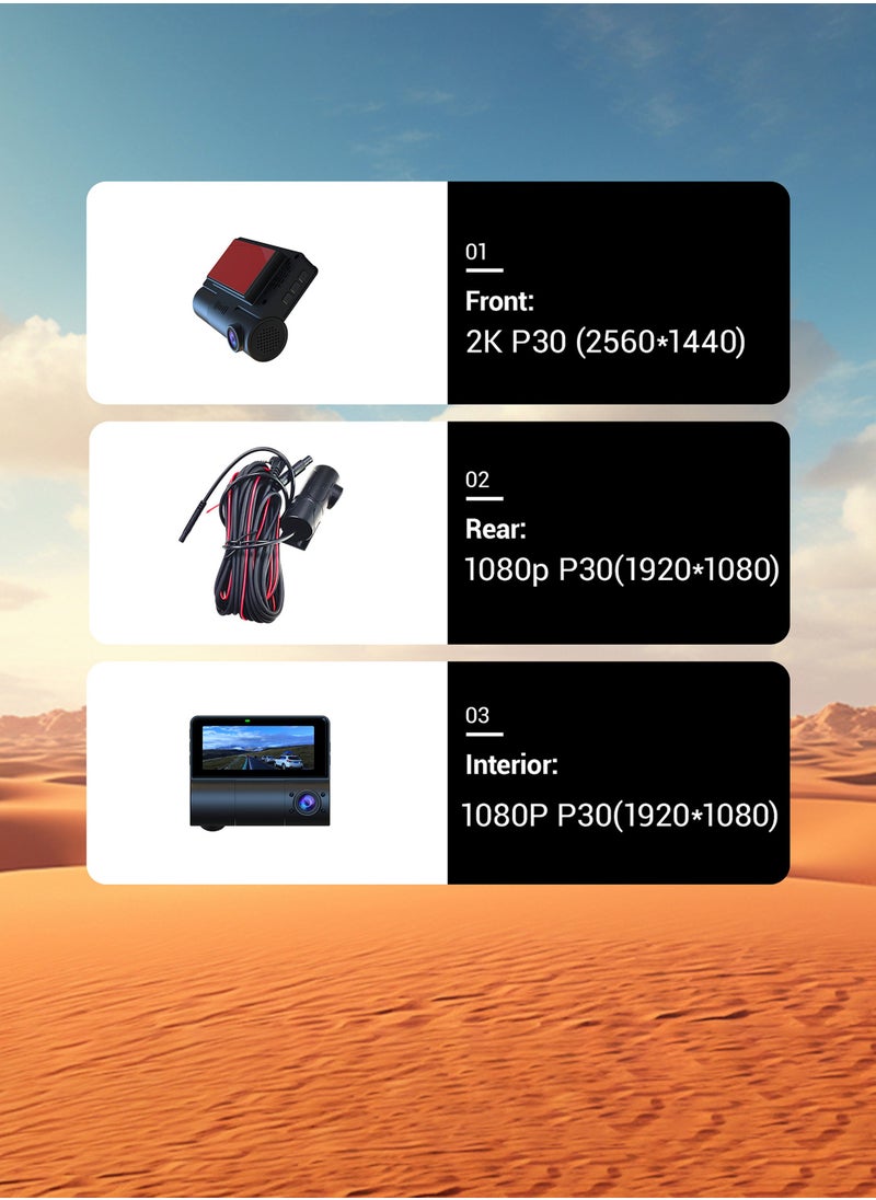 Generic - Dash cam, 2K HDR three cameras, Front and Rear Inside Cars Camera,330° Around Car DVR System, Built-in WiFi Dash Camera for Cars with Night Vision - Image 1