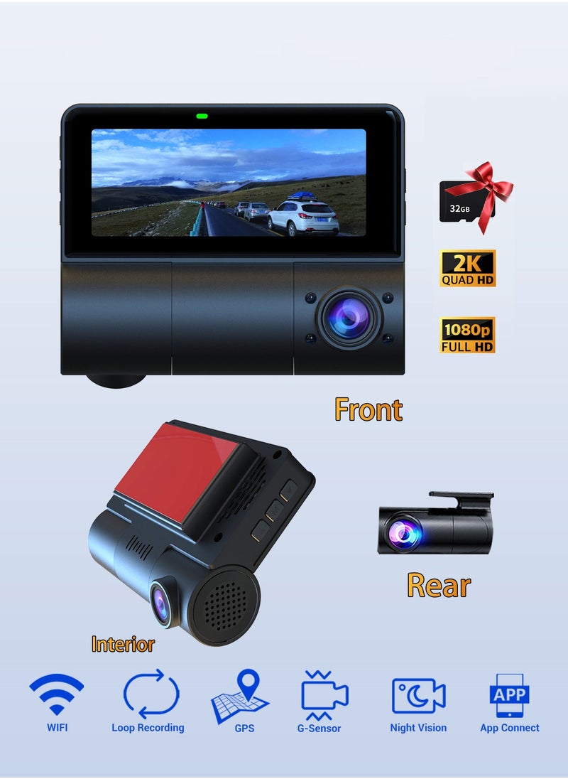 Generic - Dash cam, 2K HDR three cameras, Front and Rear Inside Cars Camera,330° Around Car DVR System, Built-in WiFi Dash Camera for Cars with Night Vision - Image 1