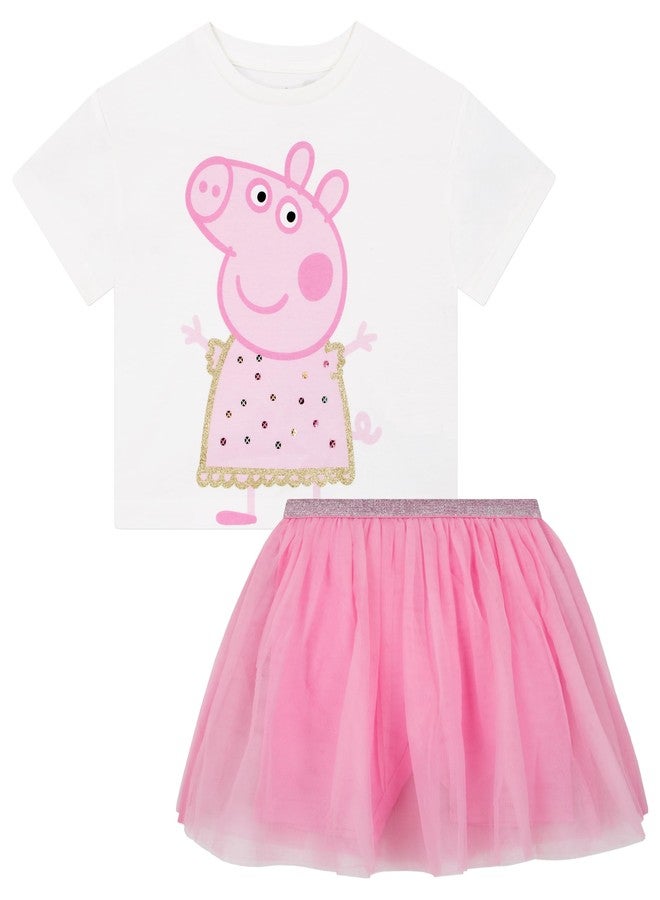 Peppa Pig Shirt And Skirt Set, Girls Tshirt And Skirt 2 Piece Set, Girls Outfit For Summer, Pink 2T - Image 1