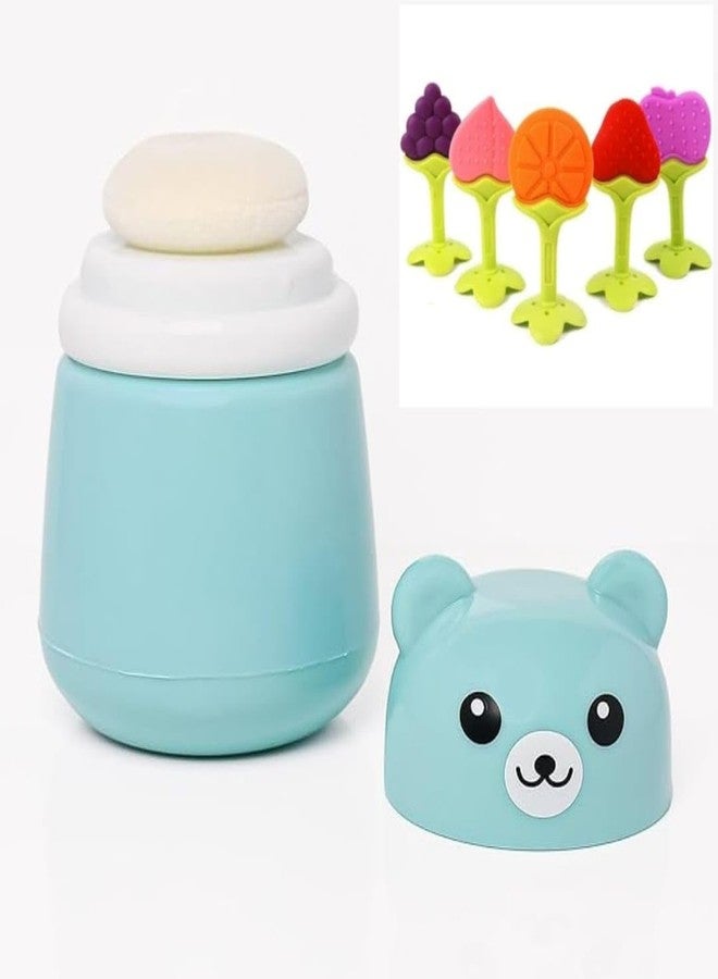 pilu Portable Baby Skin Care Baby Powder Puff With Box Holder Container For New Born Baby Face & Body, Puff Powder Box With (Any One Teether Free) (Blue) - Image 1
