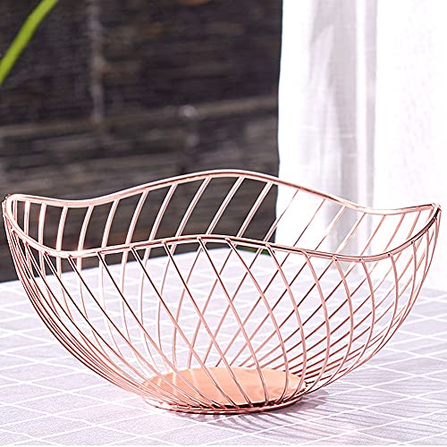 IBWell High Style Curved-Edge Modern Creative Stylish Single Tier Dish,Metal Iron Wire Fruit Vegetables Bread Decorative Stand Serving Bowls Basket Holder (Rose Gold-Twill) - Image 4
