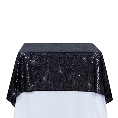 PartyDelight Sequin Tablecloth Square 50"x50" Black Shimmer Table Cloths Sparkle Glitter Decorations - Image 1