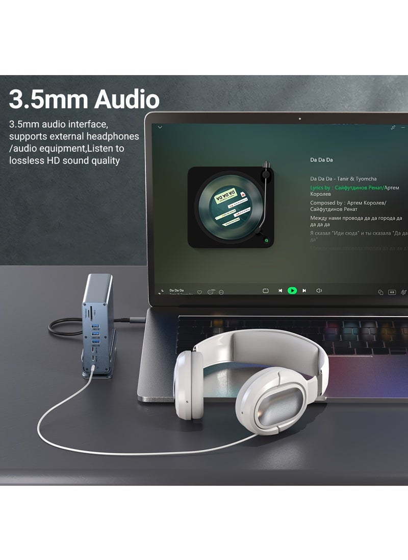 ليسو قاعدة توصيل USB-C 15 في 1، محور من النوع C، محور كمبيوتر محمول عمودي مع قاعدة قابلة للإزالة تدعم RJ45 1000M، USB 3.0/2.0، PD 100W، صوت 3.5 مم، SD/TF للهواتف الذكية اللوحية وأجهزة الكمبيوتر المحمول  - Image 4