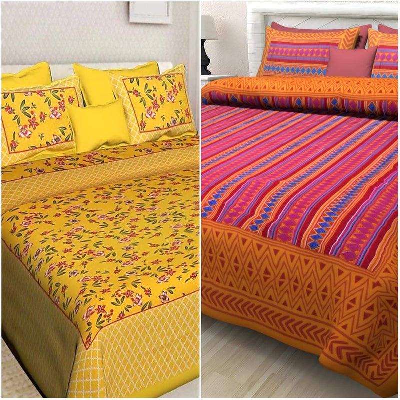BedZone 100% Cotton Rajasthani Jaipuri King Size Printed Bedsheet Combo Double Bed Set 2 Double Bedsheet with 4 Pillow Cover - Multicolor - Image 1