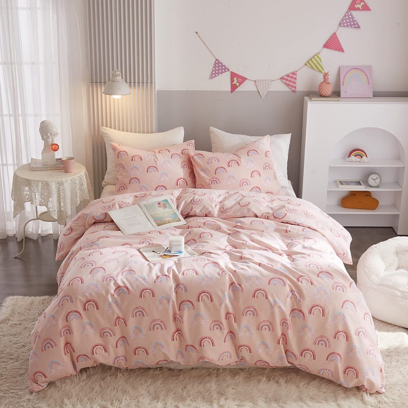 Ivellow Queen Duvet Cover Set 100 Cotton Rainbow Pink Kids Duvet Cover for Girls Cute Kawaii Bedding Set 3 Pcs Ultra Soft Breathable Toddler Teen Duvet Cover Patterned Cartoon Comforter Cover Bed Set