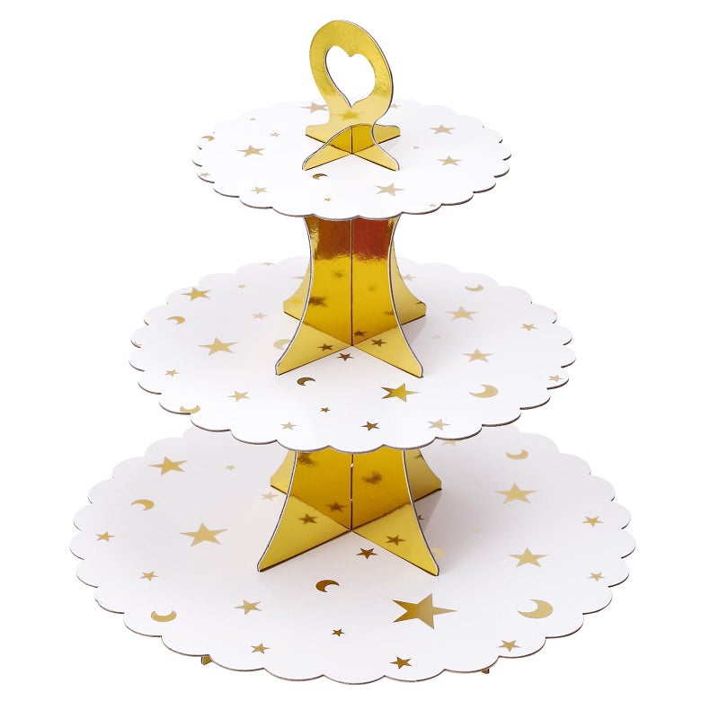 Soleebee 3-Tier Cupcake Stand, Cardboard Cupcake Tower, Dessert Cup Cake Stand Tower for Birthday Wedding Party Decoration, Cupcake Tier Stand 1 Set (Gold Moon and Star) - Image 1
