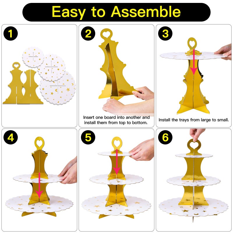 Soleebee 3-Tier Cupcake Stand, Cardboard Cupcake Tower, Dessert Cup Cake Stand Tower for Birthday Wedding Party Decoration, Cupcake Tier Stand 1 Set (Gold Moon and Star) - Image 4