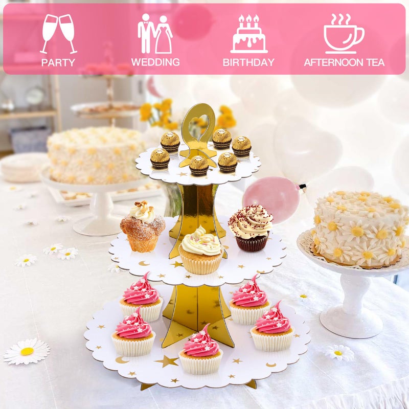 Soleebee 3-Tier Cupcake Stand, Cardboard Cupcake Tower, Dessert Cup Cake Stand Tower for Birthday Wedding Party Decoration, Cupcake Tier Stand 1 Set (Gold Moon and Star) - Image 5