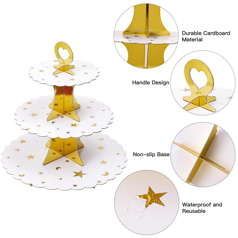 Soleebee 3-Tier Cupcake Stand, Cardboard Cupcake Tower, Dessert Cup Cake Stand Tower for Birthday Wedding Party Decoration, Cupcake Tier Stand 1 Set (Gold Moon and Star) - Image 3
