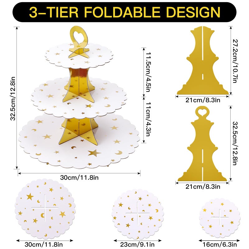 Soleebee 3-Tier Cupcake Stand, Cardboard Cupcake Tower, Dessert Cup Cake Stand Tower for Birthday Wedding Party Decoration, Cupcake Tier Stand 1 Set (Gold Moon and Star) - Image 2
