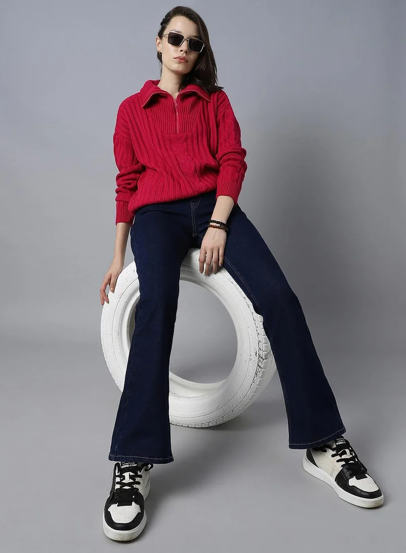 هاي ستار كنزة نسائية وردي فاقع مقاس عادي 1% أكريليك