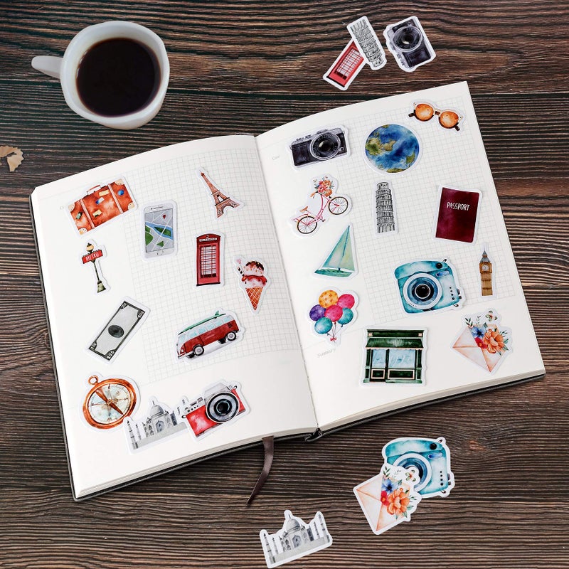 OIIKI 225 PCS Travelling Scrapbook Stickers, Mini Size Adventure Decals, DIY Decoration Stickers for Scrapbook, Vacation Albums, Travel Stub Diary, Journal, Travel Case, Calendars (5 Pack x 45 PCS) - Image 3