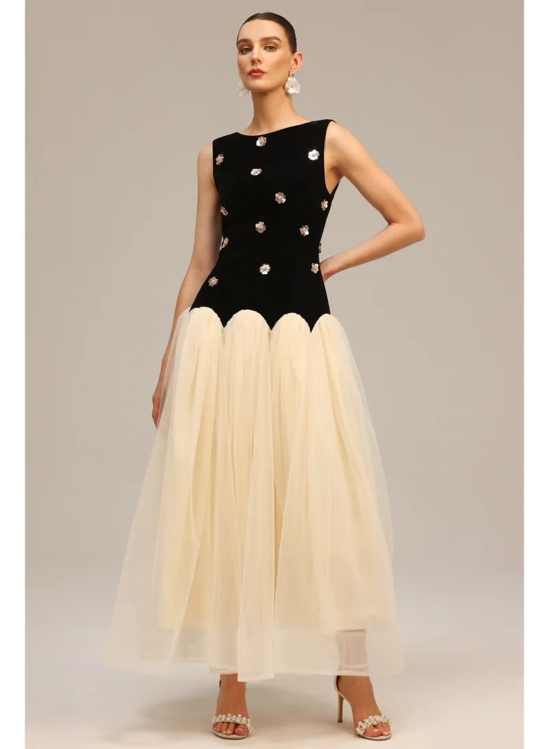 Roto Sleeveless Sequin Flowers Maxi Dress