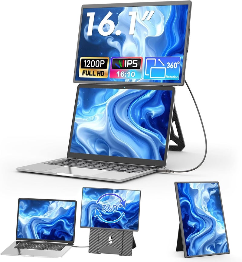 Teamgee 16.1" Laptop Screen Extender, FHD 1200P IPS Portable Monitor with Height-Adjustable 360° Magnetic Stand, Ultra-Thin Dual Display for Mac/Windows/Chrome (13-17.3" Laptops), VESA Mountable - Image 1