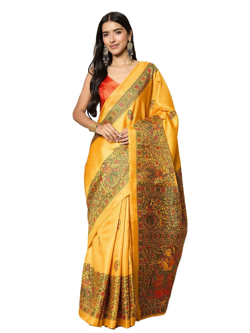 SAREE MALL Women's Mustard Cotton Silk Madhubani Printed Ready To Wear one Minute Saree With Unstitched Blouse Piece (RTWMDB8404F_HS) - Image 1