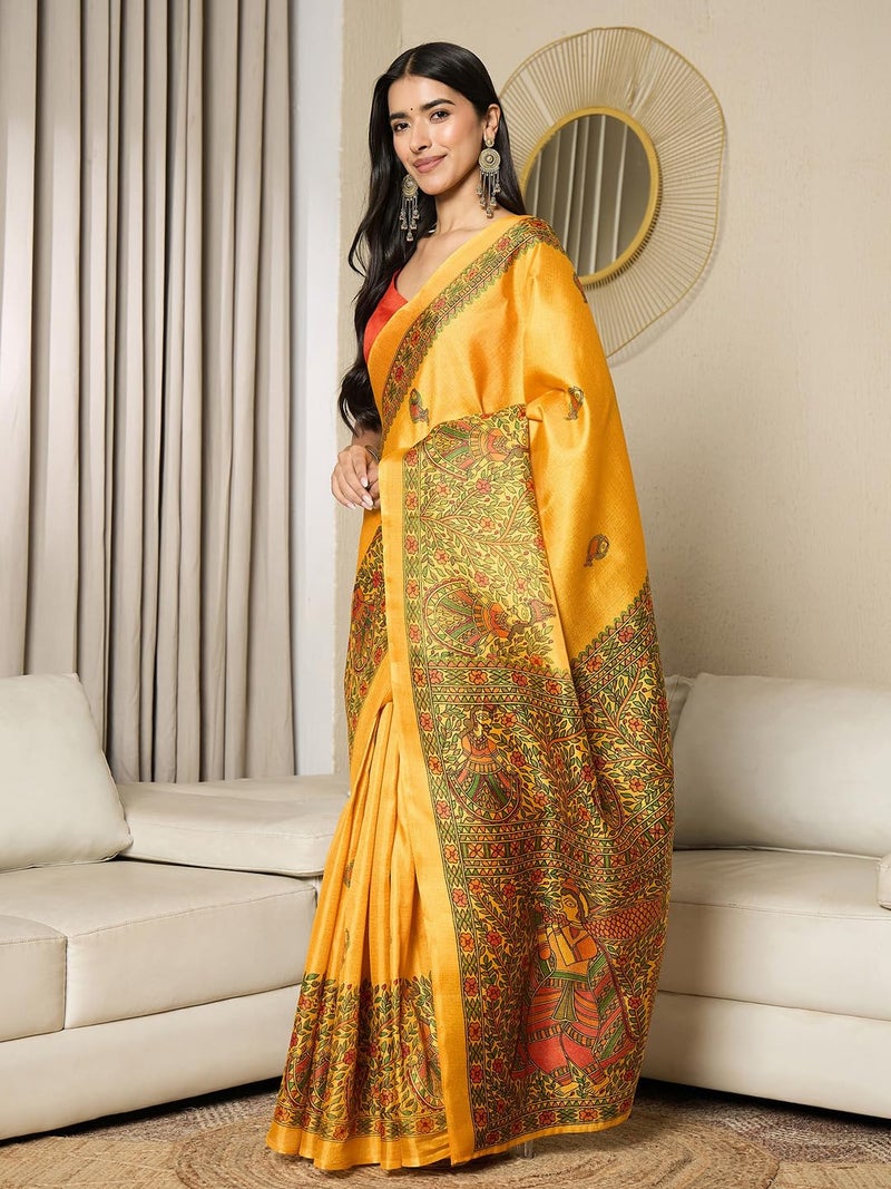 SAREE MALL Women's Mustard Cotton Silk Madhubani Printed Ready To Wear one Minute Saree With Unstitched Blouse Piece (RTWMDB8404F_HS) - Image 4