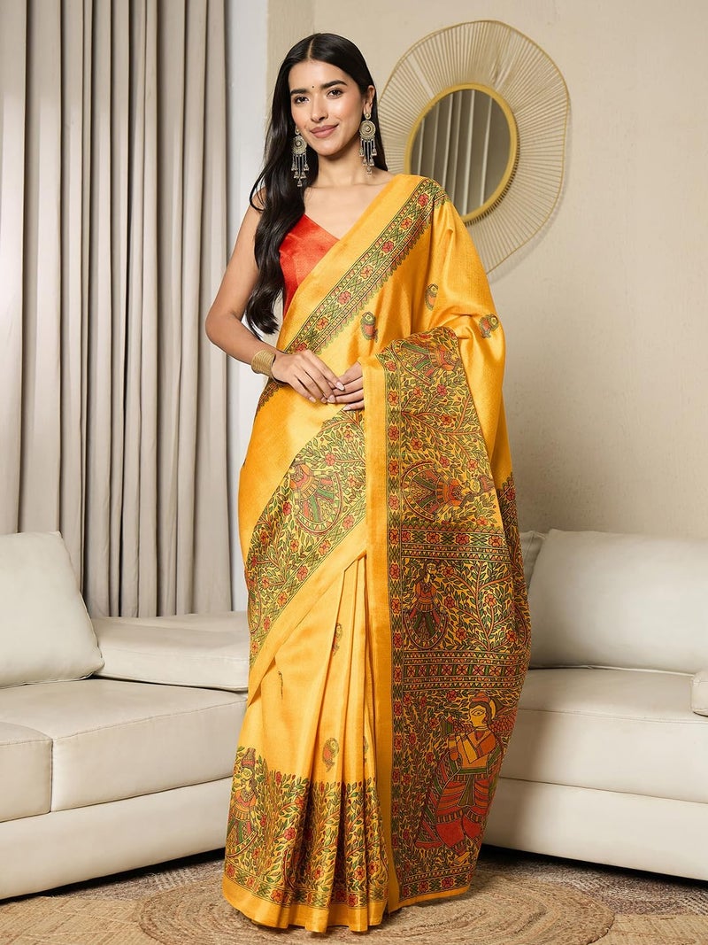 SAREE MALL Women's Mustard Cotton Silk Madhubani Printed Ready To Wear one Minute Saree With Unstitched Blouse Piece (RTWMDB8404F_HS) - Image 3