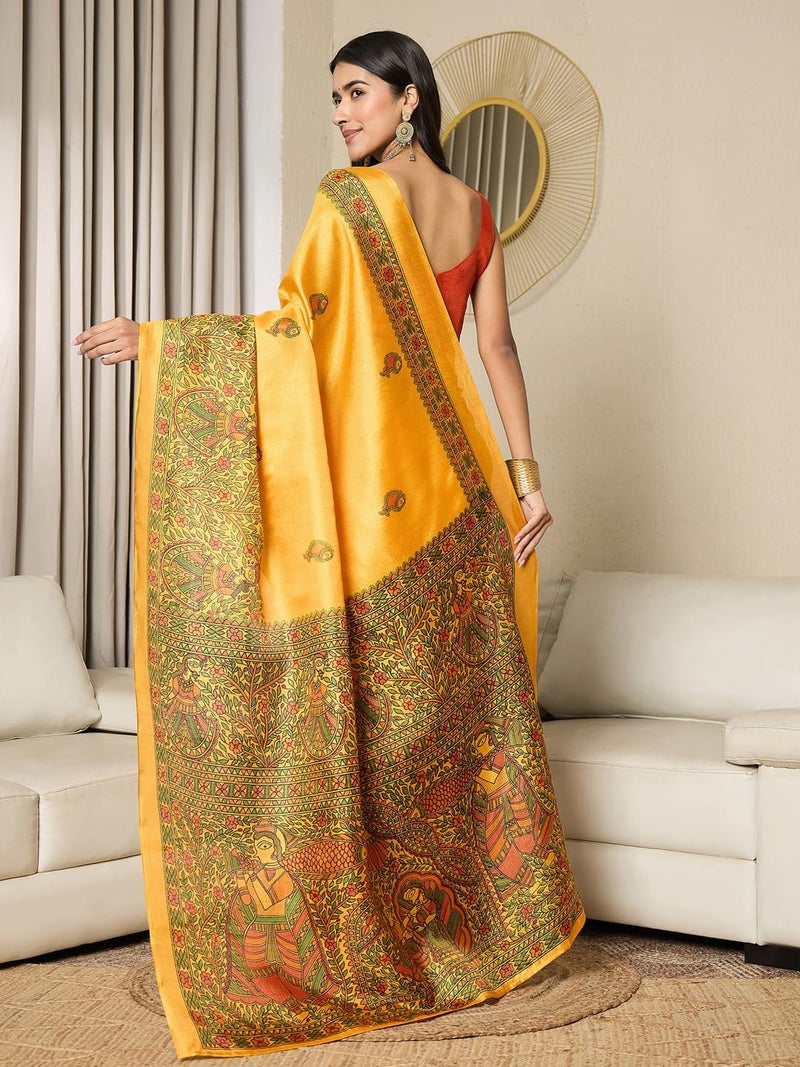 SAREE MALL Women's Mustard Cotton Silk Madhubani Printed Ready To Wear one Minute Saree With Unstitched Blouse Piece (RTWMDB8404F_HS) - Image 2