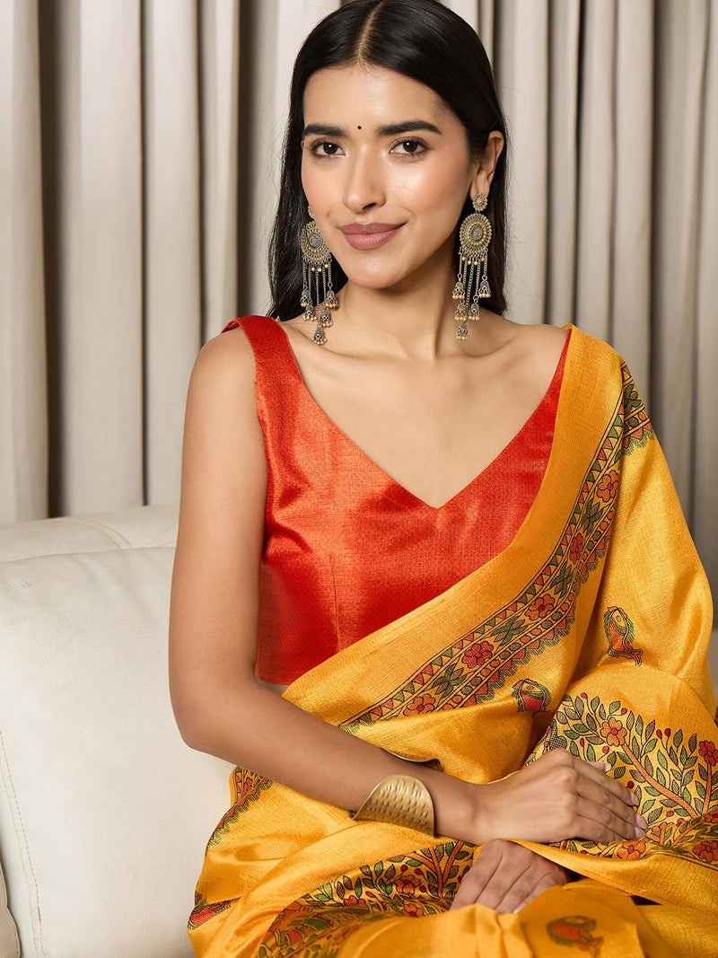 SAREE MALL Women's Mustard Cotton Silk Madhubani Printed Ready To Wear one Minute Saree With Unstitched Blouse Piece (RTWMDB8404F_HS) - Image 5