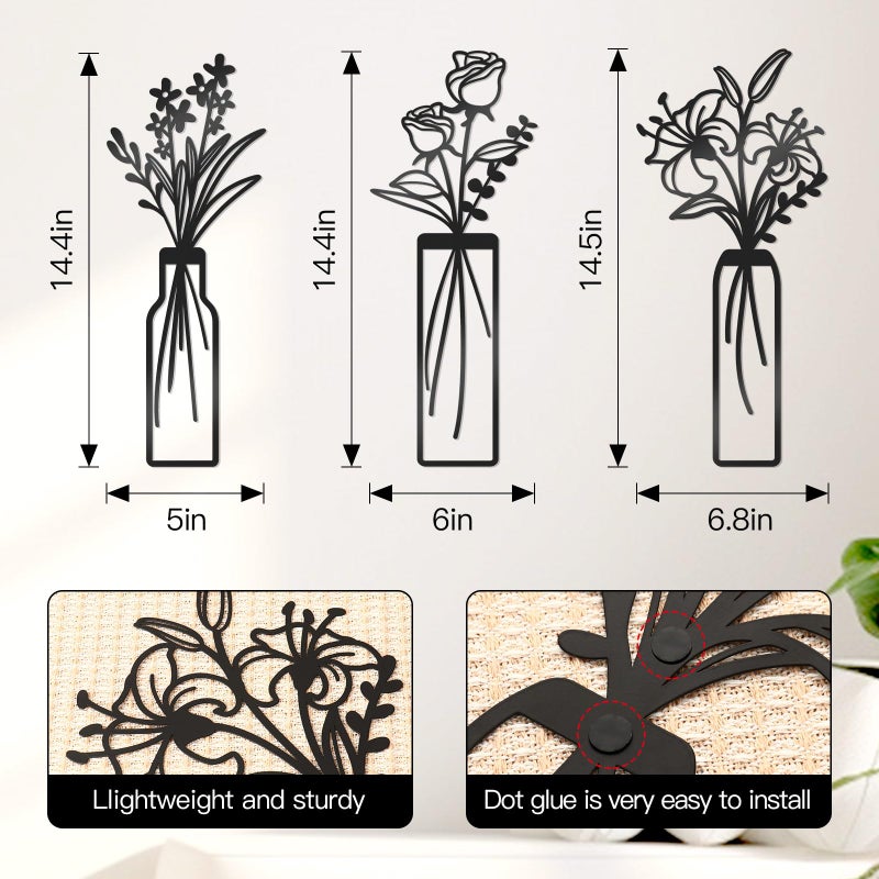 KOYILTD 3 Pcs Large Black Metal Flowers and Vases Wall Decor Farmhouse Metal Flowers Wall Art Minimalist Art Flower Arrangement for Living Room Bedroom or Kitchen (Black, Floral C) - Image 3