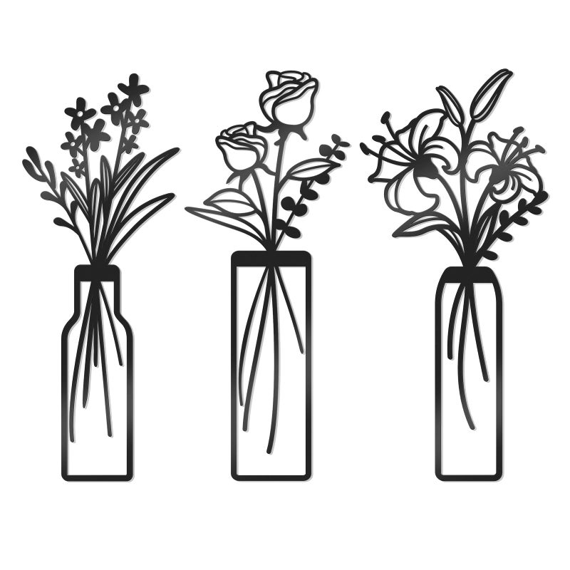 KOYILTD 3 Pcs Large Black Metal Flowers and Vases Wall Decor Farmhouse Metal Flowers Wall Art Minimalist Art Flower Arrangement for Living Room Bedroom or Kitchen (Black, Floral C) - Image 1