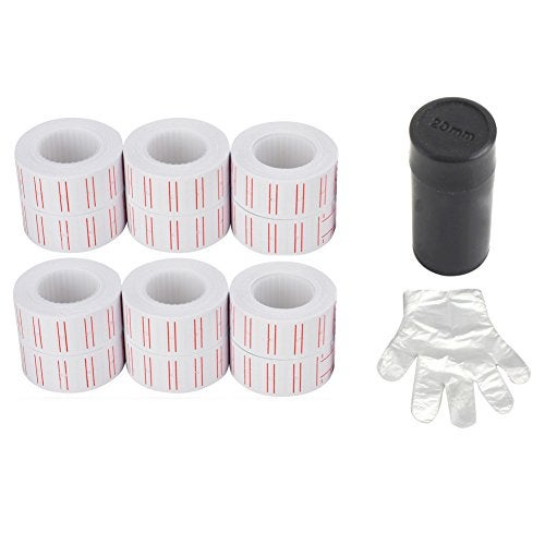 MFLABEL 12 Rolls 7200 White Price Gun Labels for Mx-5500 - with Double Red Line Visibility, Refill Ink Roll & Disposable Gloves for Easy Loading - Image 1