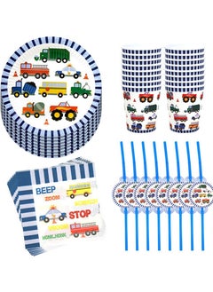KASTWAVE 50pcs in 1 Set Engineering Vehicle Theme Disposable Tableware, KASTWAVE Paper Cup Plates Dinnerware Set Car Printing Napkins Straw Set Baby Boy Birthday Party Supplies Party Supply  - Image 5