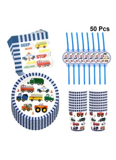KASTWAVE 50pcs in 1 Set Engineering Vehicle Theme Disposable Tableware, KASTWAVE Paper Cup Plates Dinnerware Set Car Printing Napkins Straw Set Baby Boy Birthday Party Supplies Party Supply  - Image 3
