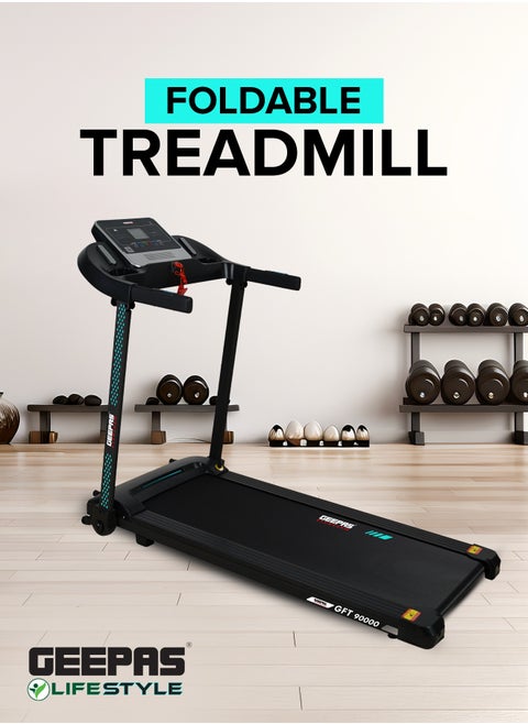 Geepas Foldable Treadmill- GFT90000/ with 12 Modes, App Sync Function, Easily Connects to Zwift, Kinomap, SpaxApp/ MP3 Input, LCD Display, Emergency Safety Key/ Perfect for Home Workouts, Gym Training, Weight Loss/ Black, 2 Years Warranty