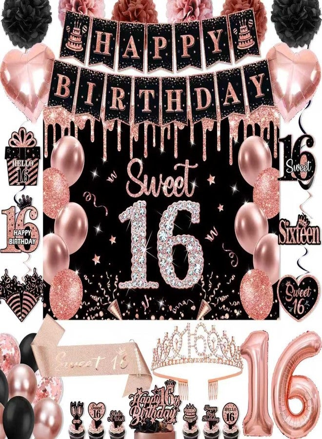 REDWORD Sweet 16 Party Decorations, Rose Gold 16th Birthday Decorations for Girls Including Sweet 16 Sash & Tiara Set HAPPY BIRTHDAY Banner Backdrop Hanging Garland Swirl Balloons Paper PomPoms Cake Toppers - Image 1