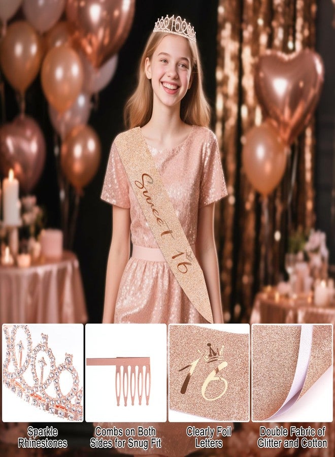 REDWORD Sweet 16 Party Decorations, Rose Gold 16th Birthday Decorations for Girls Including Sweet 16 Sash & Tiara Set HAPPY BIRTHDAY Banner Backdrop Hanging Garland Swirl Balloons Paper PomPoms Cake Toppers - Image 3